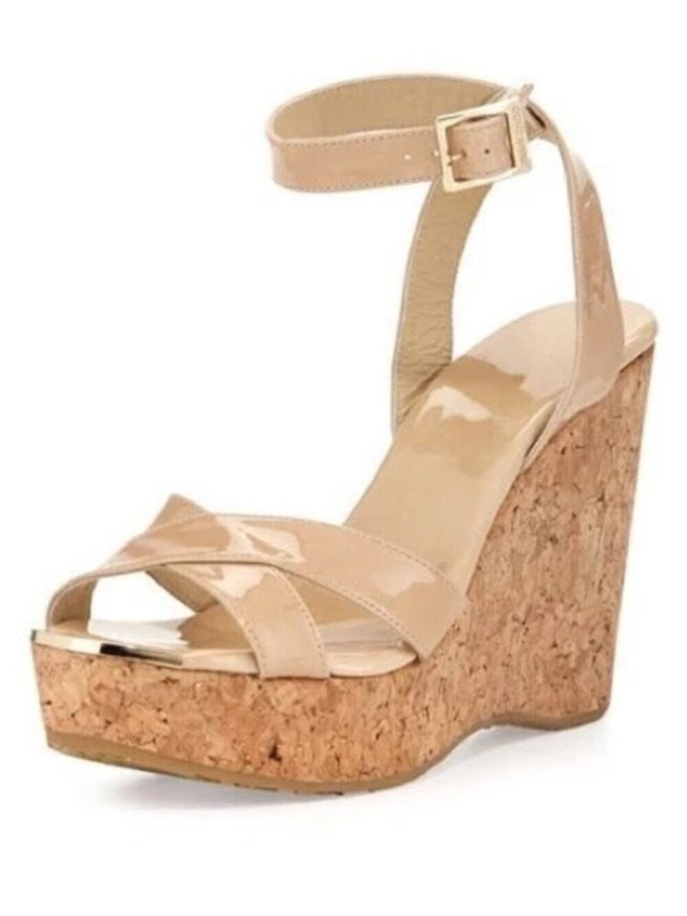 Jimmy Choo Papyrus Cork Platform Wedge Sandals Nude Patent Leather EU 41, US 11